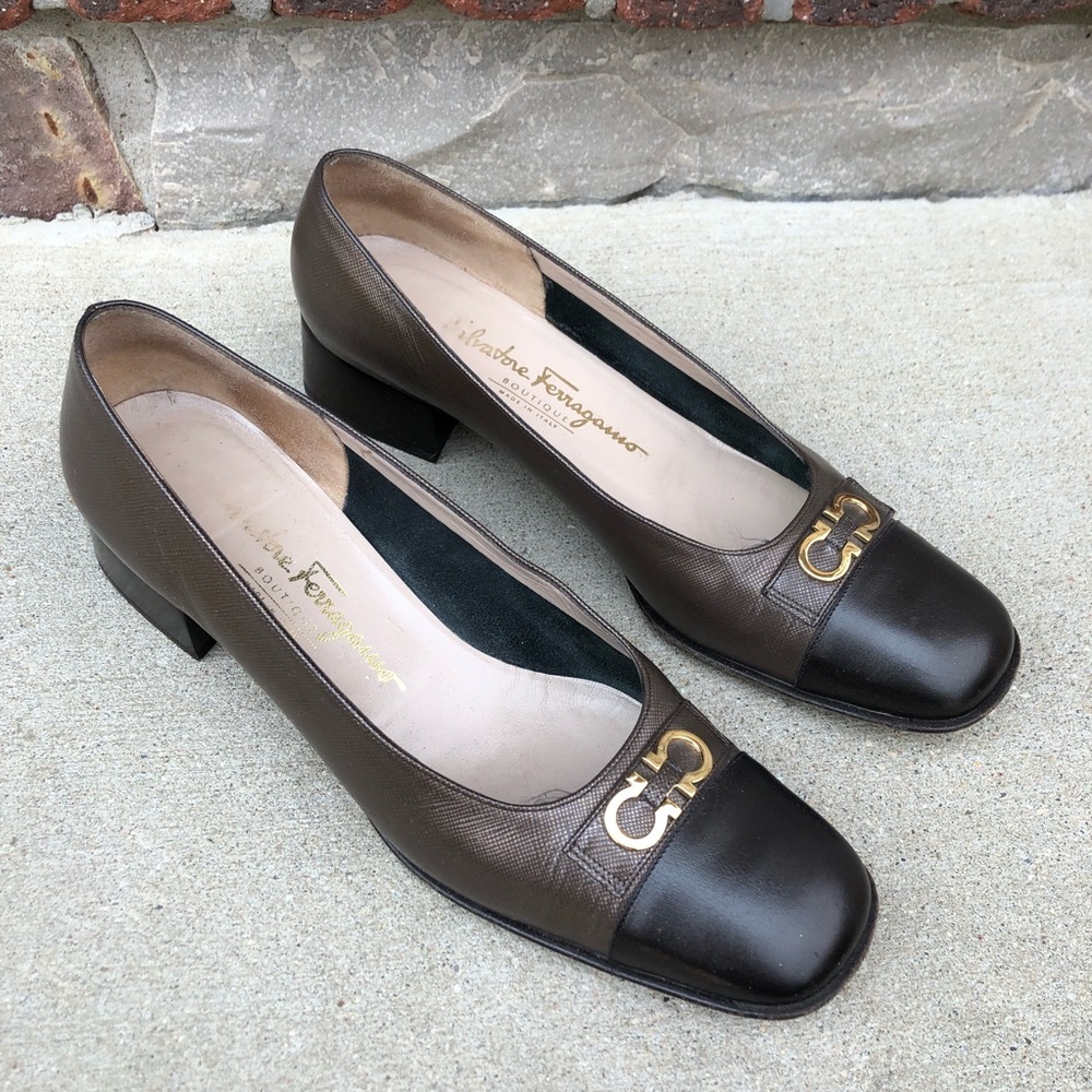 Salvatore Ferragamo metallic bronze leather pumps